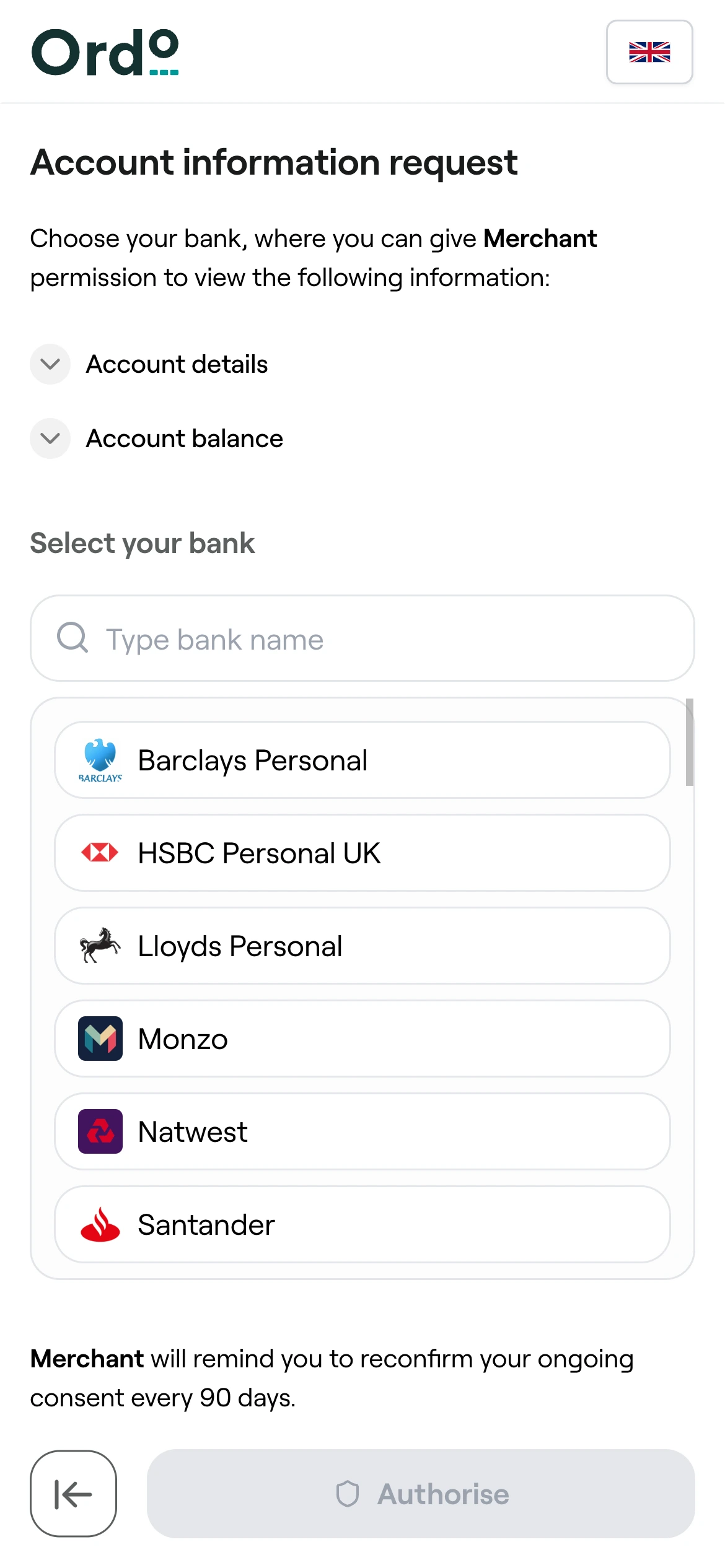 Payment flow step 1: Customer selects account for payment