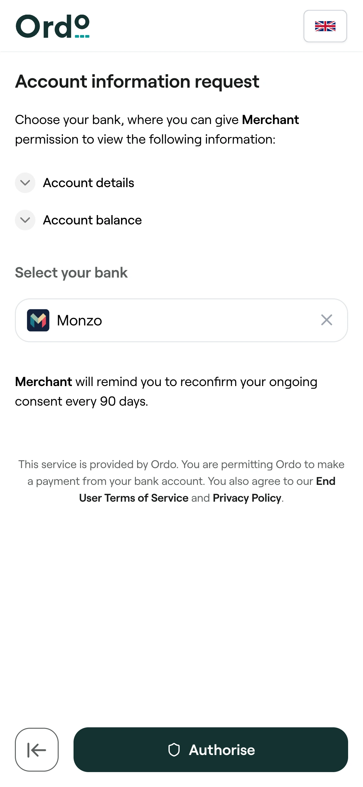 Payment flow step 2: Customer connects to their bank
