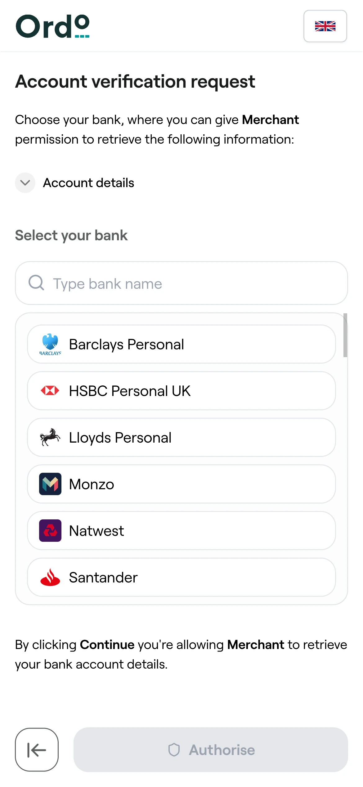 Payment flow step 1: Customer selects account for payment