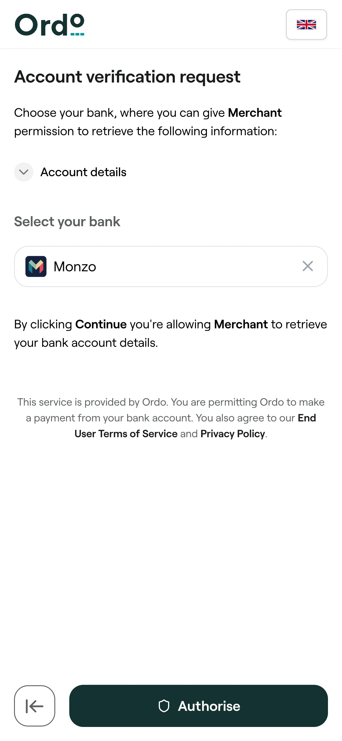 Payment flow step 2: Customer connects to their bank