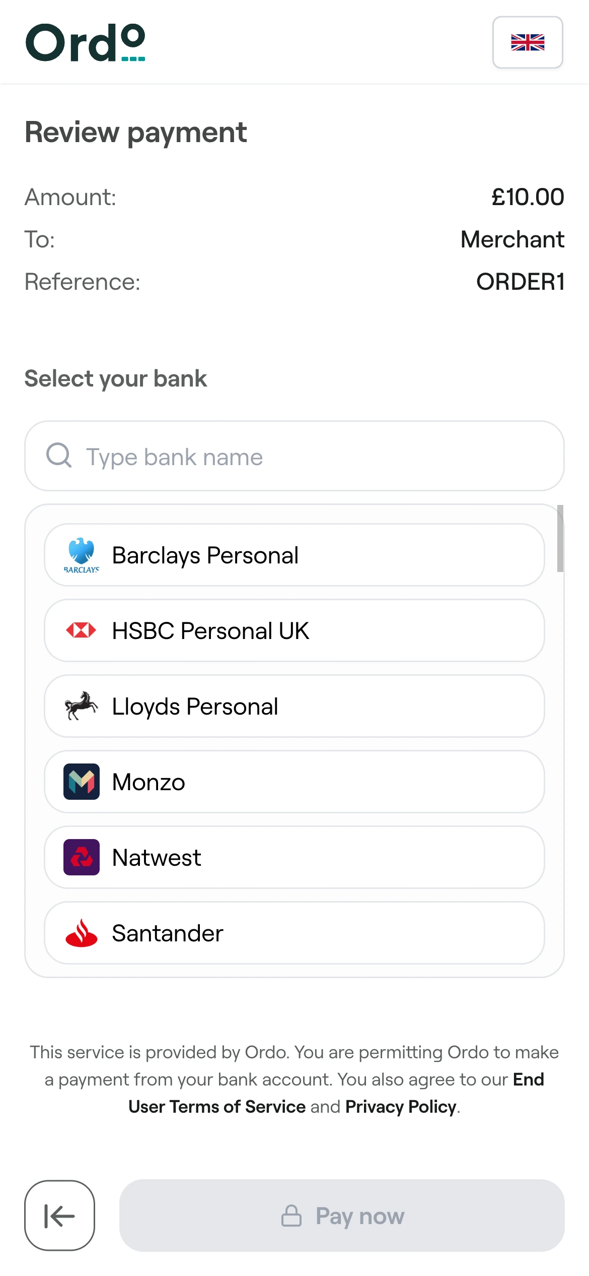Payment flow step 1: Customer selects account for payment