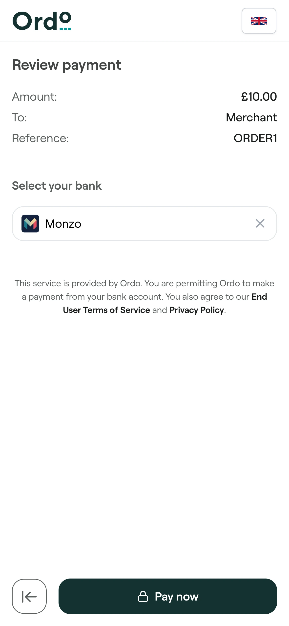 Payment flow step 2: Customer connects to their bank