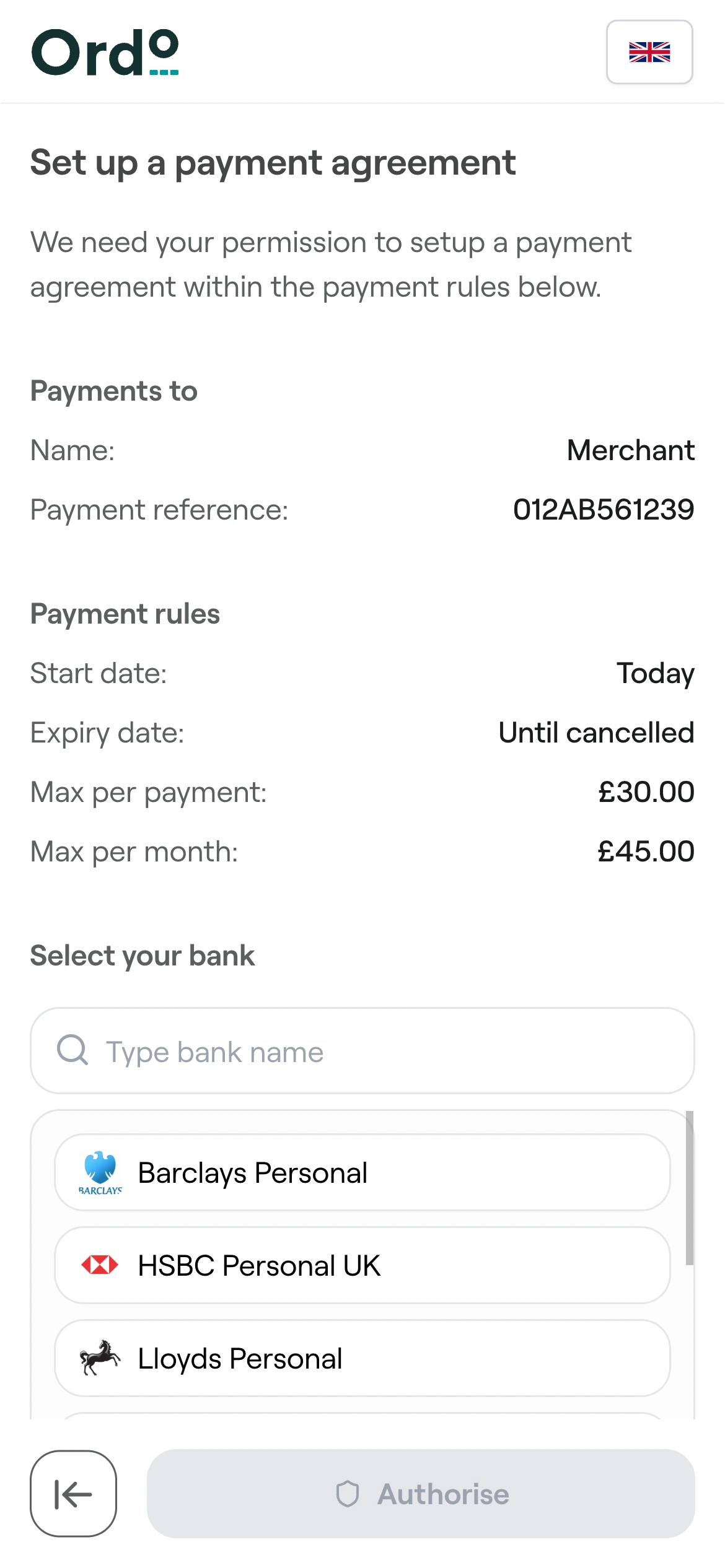 Payment flow step 1: Customer selects account for payment