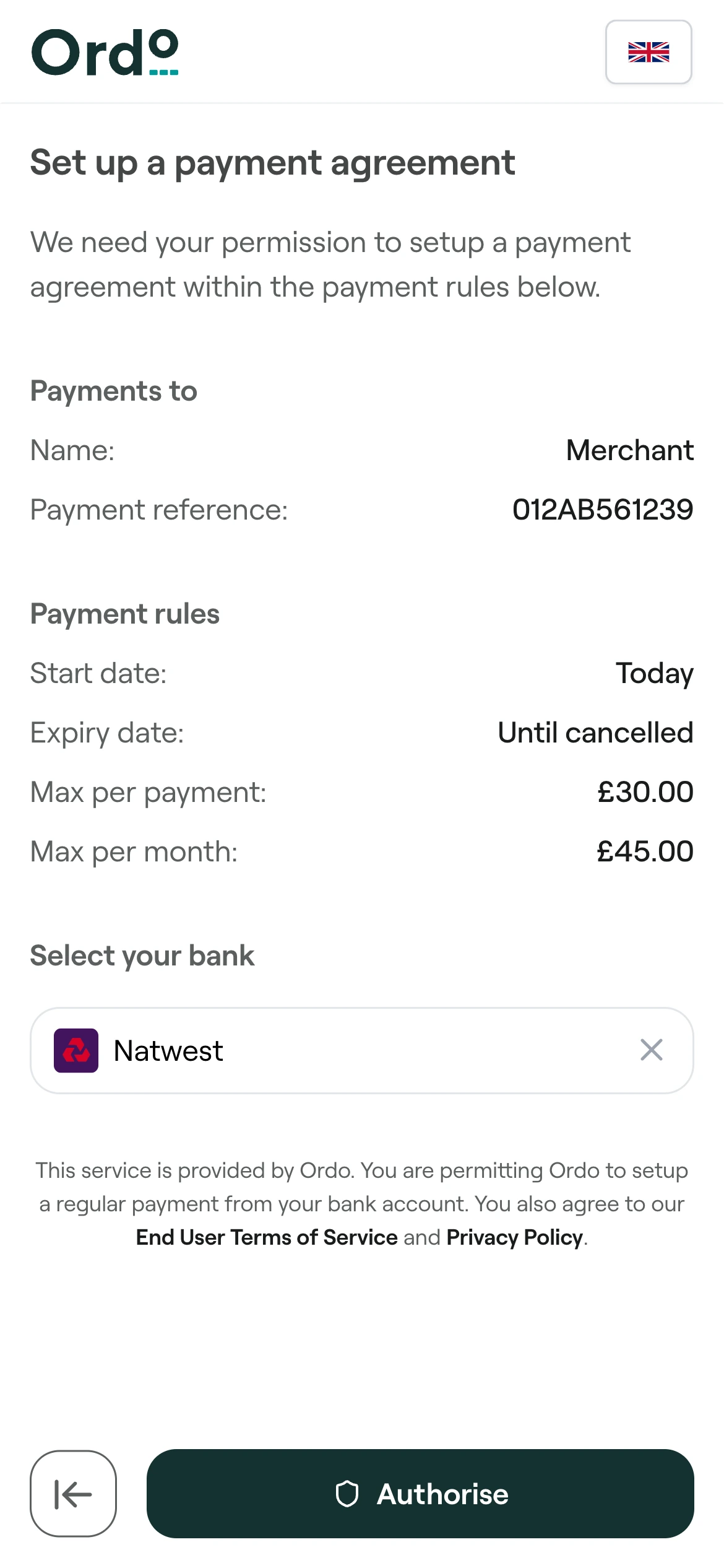 Payment flow step 2: Customer connects to their bank